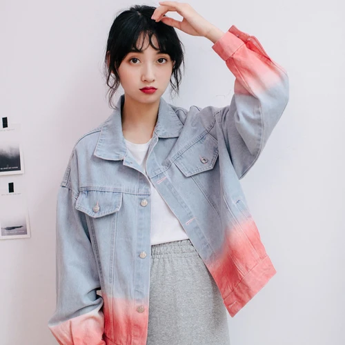 Woherb женская джинсовая куртка Harajuku градиент цвета джинсовая куртка осень зима пальто повседневная винтажная уличная Корейская Modis - Цвет: blue