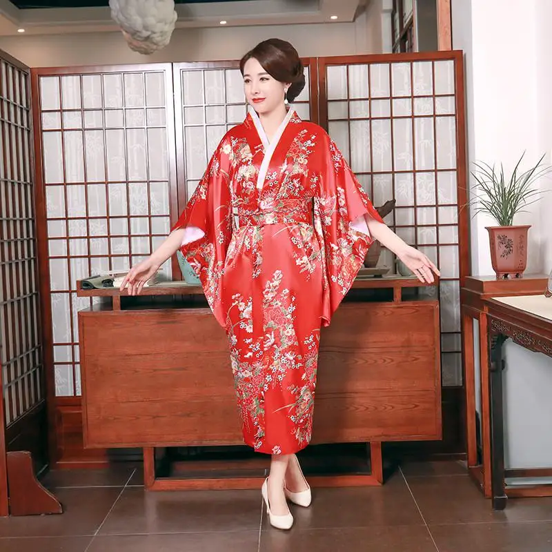 Атласный маскарадный костюм для леди Lounge с бантом, пижама с цветочным принтом, вечернее платье для выпускного вечера, японское кимоно Gow, халат, платье - Цвет: Red 2