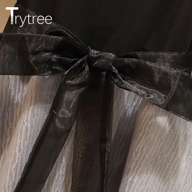 Trytree/летние женские платья, повседневные, с вырезом лодочкой, Лоскутная Сетка, а-силуэт, подол, Офисная Леди, до колена, длинный пояс, бант, полиэстер, хлопок, платье