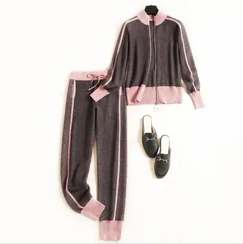 

Autumn 2019 new European and American women's wear Nine minutes of pants Long sleeve zip-up jacket knitting two-piece suit