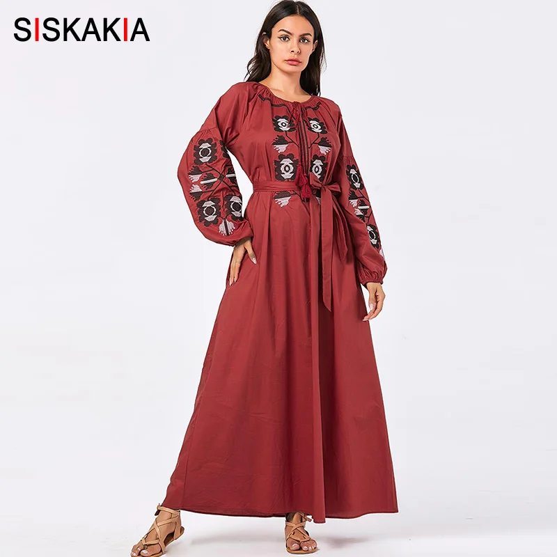 Siskakia арабское повседневное длинное платье из чистого хлопка цвета хаки с цветочной вышивкой, платья с длинными рукавами, приталенные платья с поясом, осень размера плюс