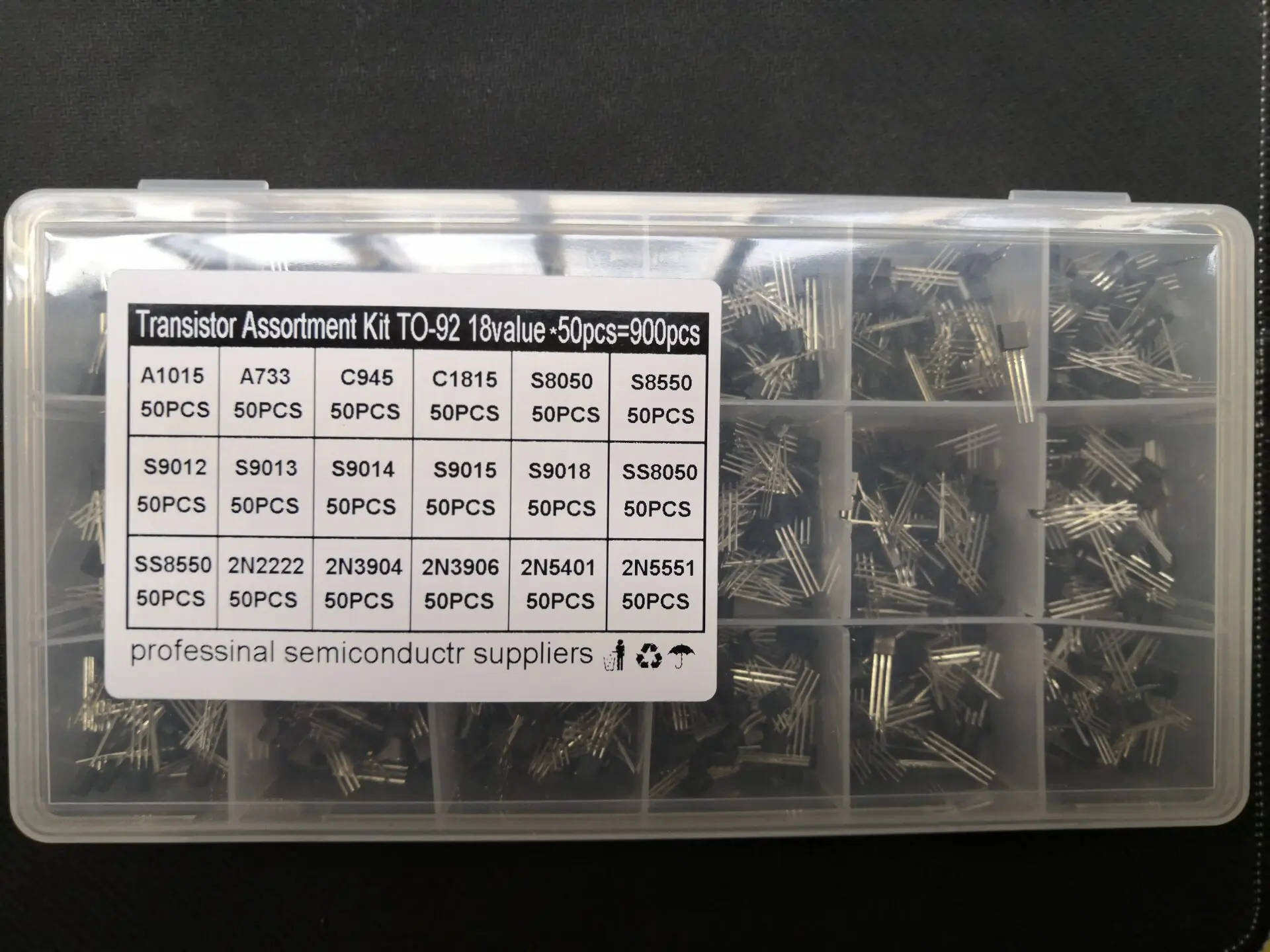 900pc Transistor kit box 2N2222A 3904 3906 5401 5551 S9012/9013/9014/9015/9018 SS8050/8550 C945/1815 S8050/8550 A1015/733 assort |