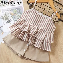 Комплекты одежды для девочек, Новая летняя Стильная Детская кружевная одежда для слинга, комплекты с шортами в полоску для детей 3-7 лет, комплекты без рукавов