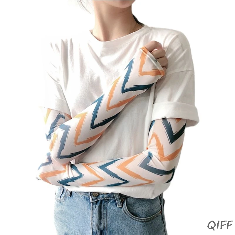 2 Women Girls Summer Ice Silk Arm Sleeves Cover Rainbow Colored Striped Harajuku Sun Protection Cooling Cycling Driving Gloves - Цвет: 2