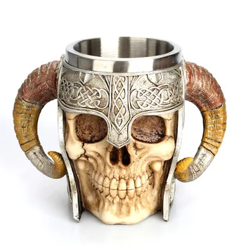

Creative skull Knight sheep horn resin cup double sheep horn stainless steel drinking cup office water cup