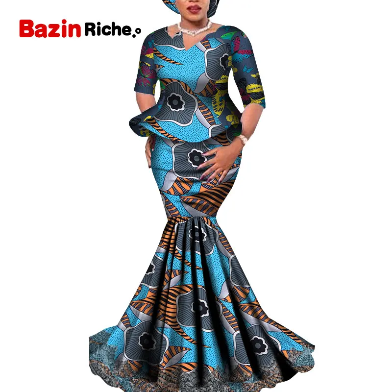 

2020 New Bazin Riche African Dresses for Women Custom Women African Dashiki Skirt Set 2 Pieces Bazin Plus Size Clothing WY5902