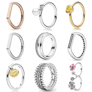 

925 Sterling Silver Ring Original 1:1 Rose Fan Signature Bar Stacking Love Heart Signature Triple Band Ring DIY Fashion Jewelry