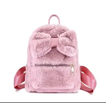 

Faux Rabbit Fur Backpack Solid Color Leisure School Bag Outdoor Travel Rucksack Women Bowknot Backpack