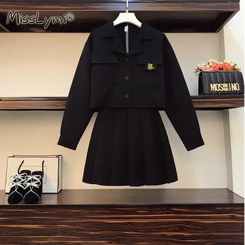 

L-4XL Plus Size Women Black Two-piece suit Autumn 2020 Turn-down Collar Single-breasted Long Sleeve Letter Print Japanese Suit