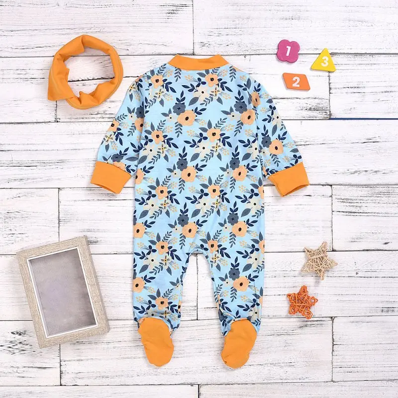 Infant Baby Clothes Girls Rompers Cotton Flower Pattern Infant Long Sleeve Bodysuit+Headband Newborn Romper Set