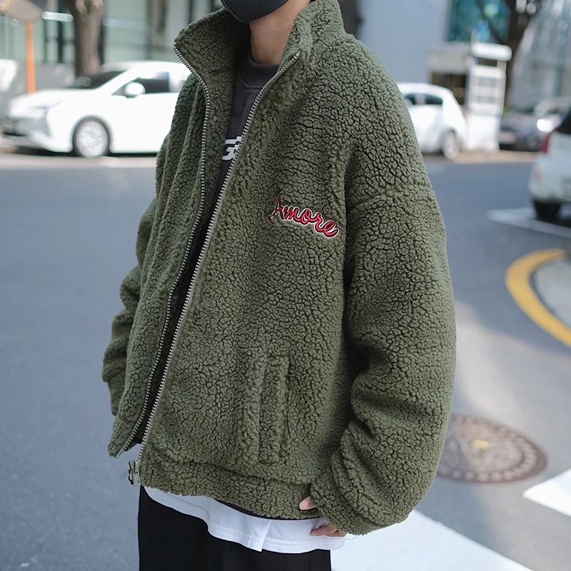 Army green EWQ/ Новое модное осенне-зимнее Мужское пальто на молнии из овечьей шерсти и кашемира, уличная хлопковая куртка со стоячим воротником, толстая мужская куртка 9A417 - Цвет: Army green