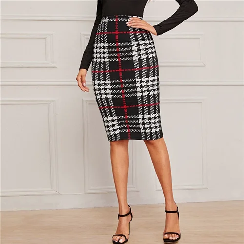 Black and White SHEIN элегантная клетчатая юбка-карандаш с принтом для женщин, осенняя мода, высокая талия, базовая облегающая юбка миди для офисных леди - Цвет: Black and White