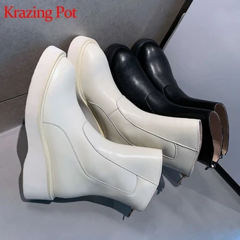 

Krazing Pot 2021 new winter cow leather flat platform high quality motorcycle boots med heels women punk rock mid-calf boots L14