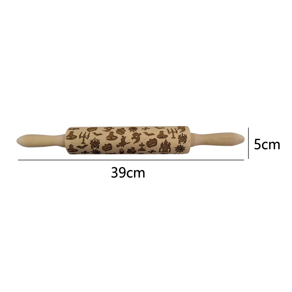 

Engraved Non-stick Noodle Embossing Decorating Wooden Portable Kitchen Baking Tool Cookie Halloween Rolling Pin Durable Craft