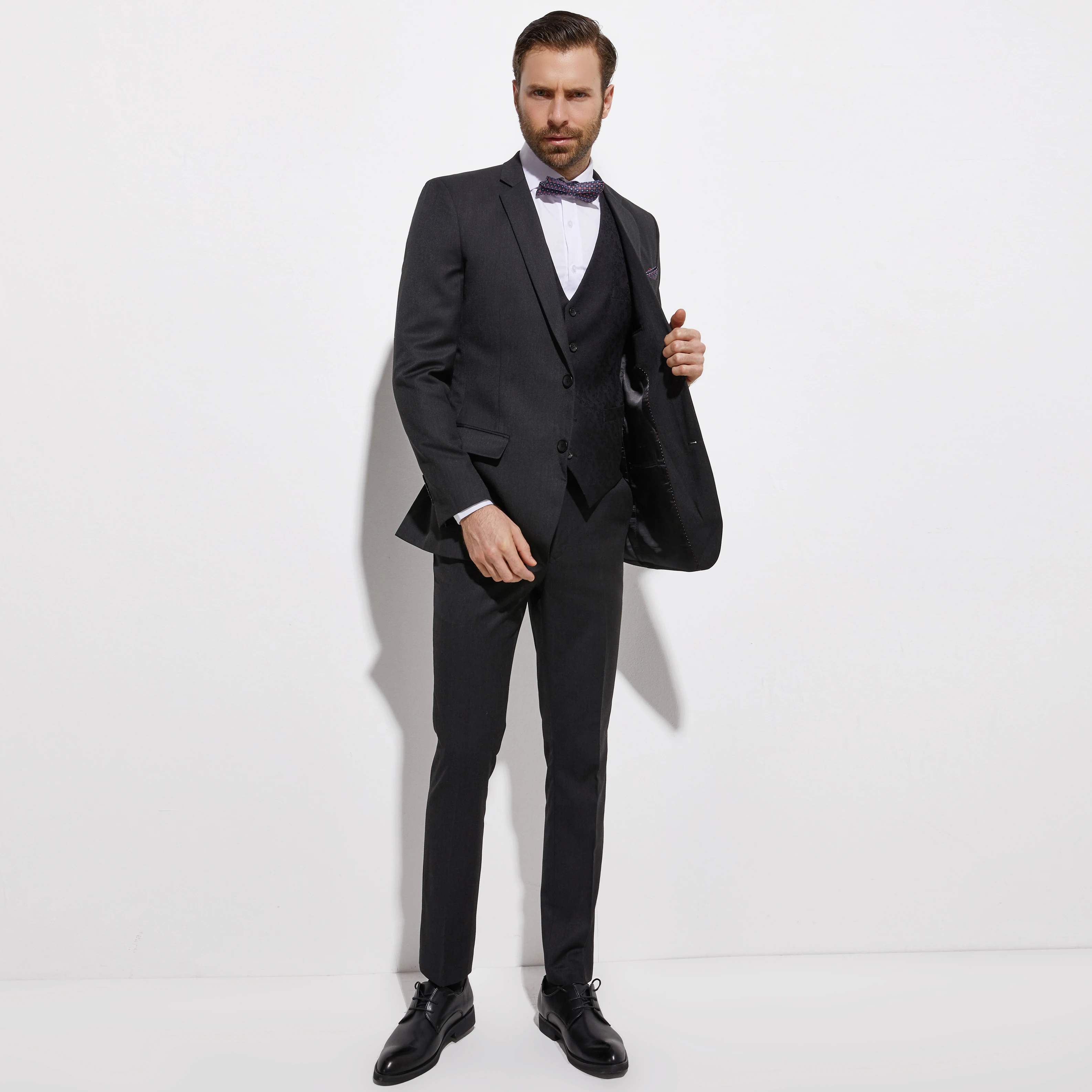 2020 Slim Fit Dark Charcoal Grey Groom Suit With Jacquard Vest Custom Made 3 piece Wedding Suits For Men  Wedding Groom Tuxedo