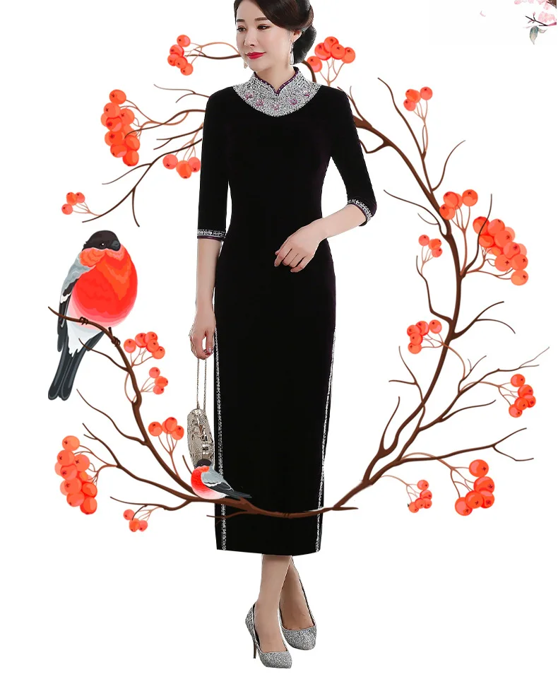 Стиль ретро бархатный cheongsam с бисером для ногтей шоу платье cheongsam элегантное женское платье китайские женщины