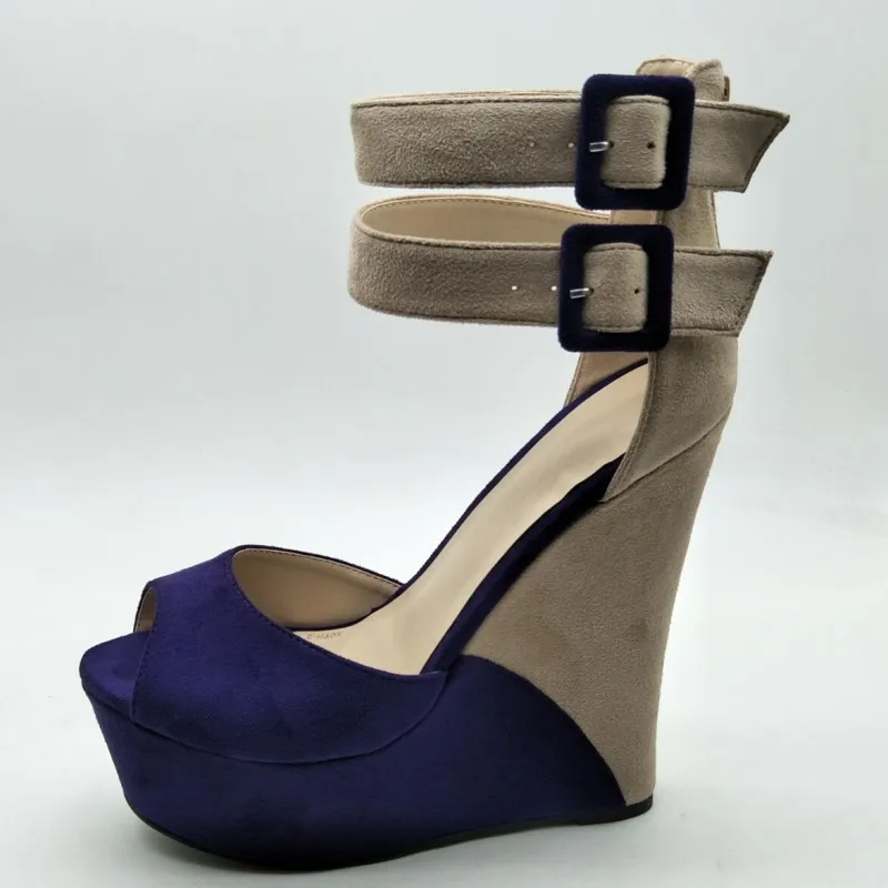 SHOFOO/обувь красивая модная одежда; ; Цвет фиолетовый, бежевый; замшевые; на молнии; с пряжкой; 14,5 см босоножки на танкетке. Размер: 34 - Цвет: Многоцветный