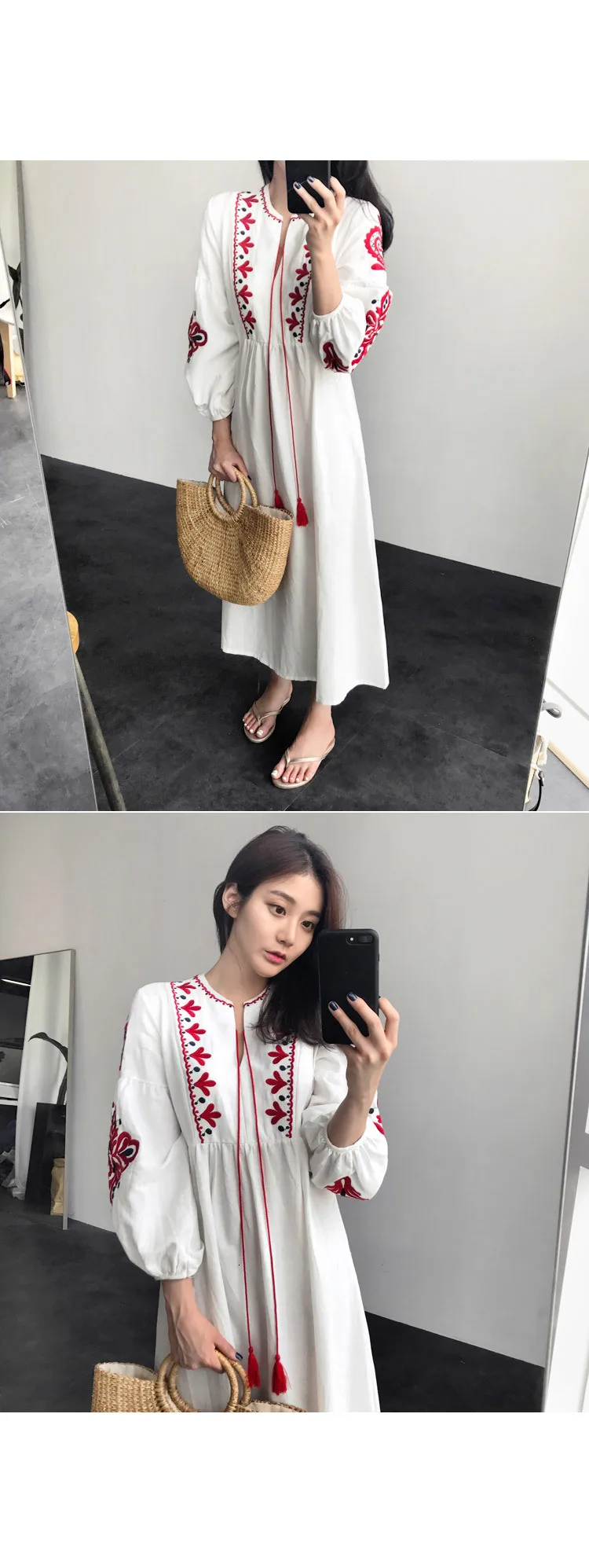 [LIVIVIO] винтажная вышивка с пышными рукавами и кисточками, Длинные хлопковые платья, Женская Весенняя корейская модная одежда
