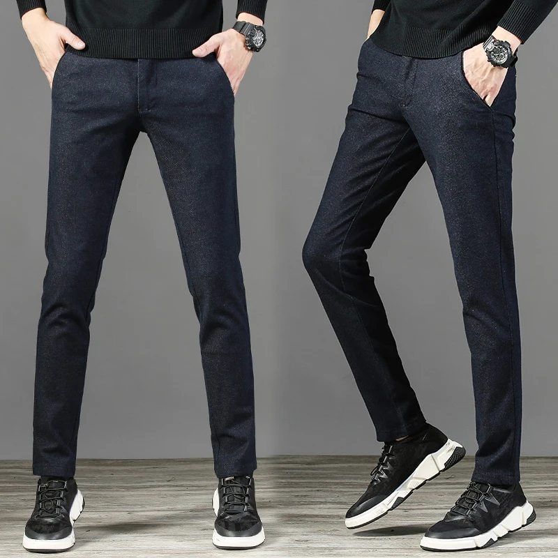 Brother Wang осень и зима новые мужские повседневные брюки бизнес мода Slim Fit утепленные брюки мужские брендовые черные темно-синие