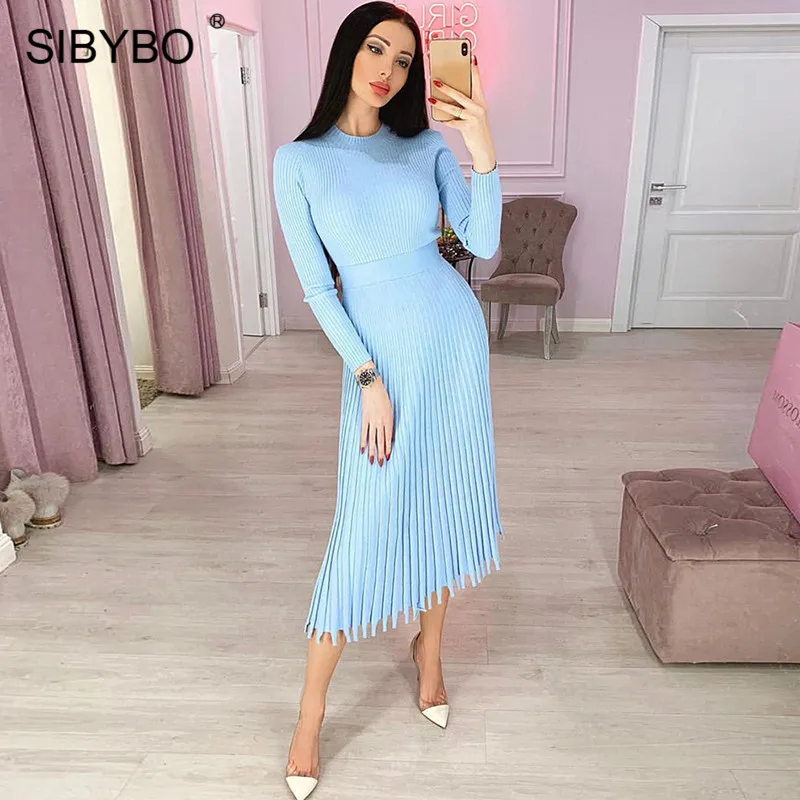 SIBYBO зимние вязаные свободные Платья-свитеры Для женщин с длинным рукавом Плиссированные хлопковые длинные вечерние платья элегантная однотонная обувь для вечеринок; элегантная Для женщин рождественское платье