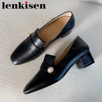 

Lenkisen 2020 fashion shoes women genuine leather square toe med heel pearl decoration elegant lady streetwear slip on pumps L70
