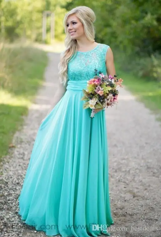 

Sheer Neck Lace Top Chiffon Long Country vestido Maid of Honor Wedding Guest prom gown 2018 Cheap Turquoise Bridesmaid Dresses