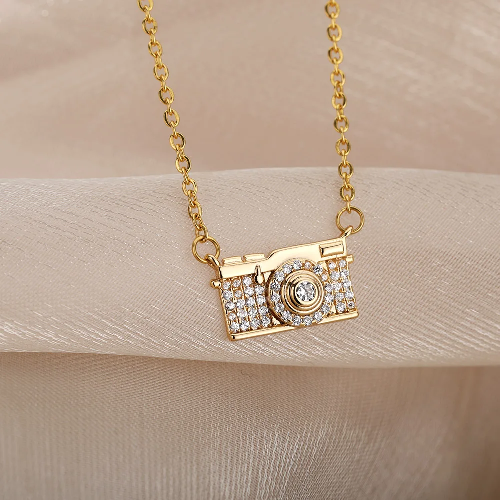 Geometric Camera Pendant Necklace Gold 