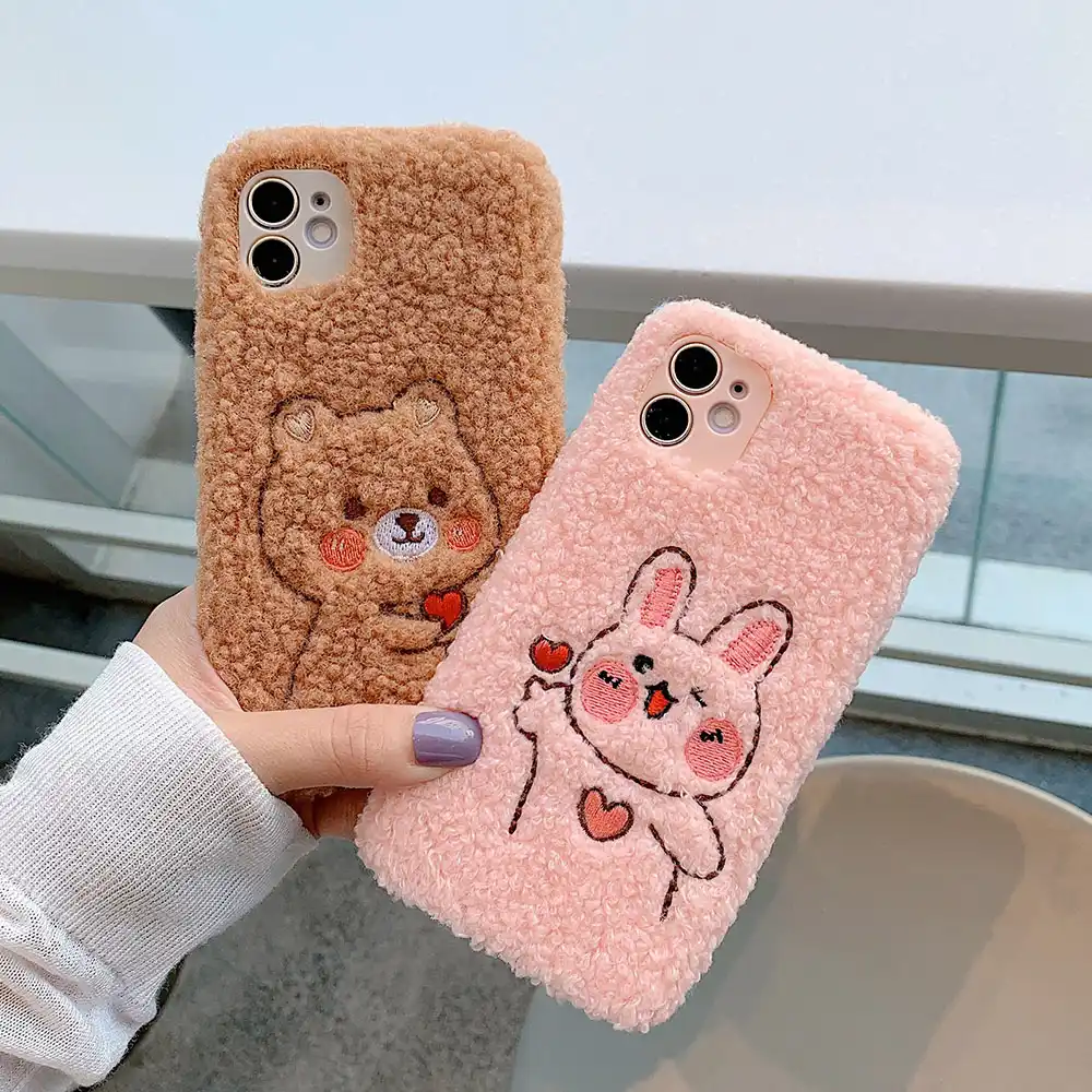 Fundas刺繍漫画ラブハートウサギクマの冬ぬいぐるみiphone 11プロxr Xs最大7 8プラス暖かい子羊ぬいぐるみ生地カバー 電話用緩衝材 Aliexpress