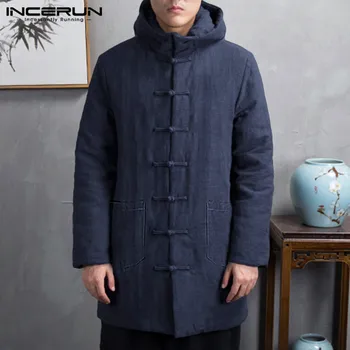 

INCERUN Cotton Men Parkas Winter Long Sleeve Button Up Trench 2020 Hooded Chinese Style Padded Outerwear Vintage Jackets Coats 7