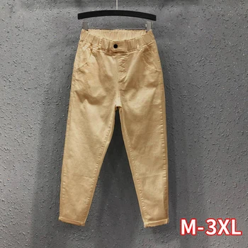 

Spring Summer Women Ankle-length Pants Plus Size Solid Cotton Denim Loose Harem Pants White Black Elastic Waist Jeans M-3XL