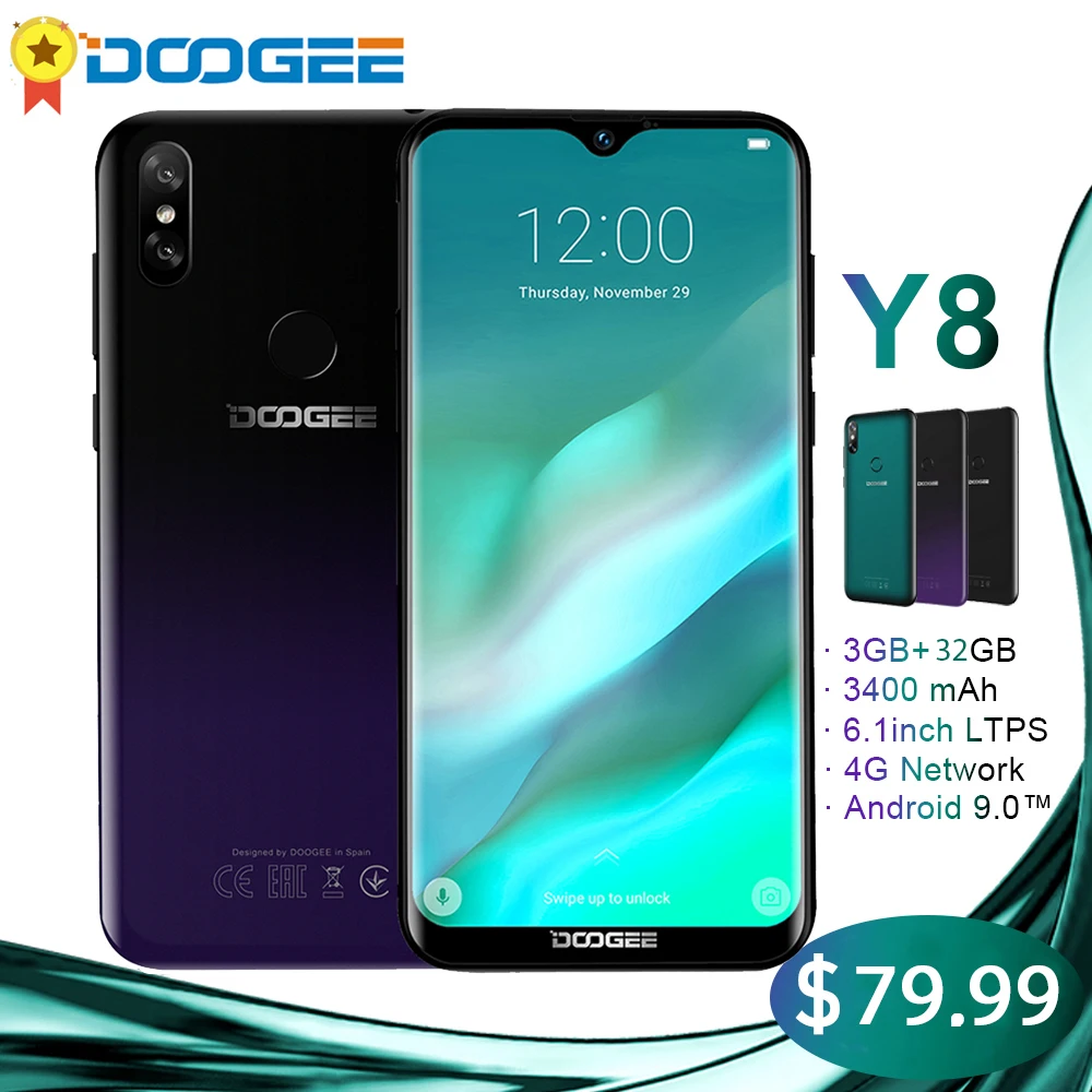

DOOGEE Y8 New 3GB 32GB 6.1 inch Waterdrop Screen Smartphone 8MP+5MP Face ID Android 9.0 MTK6739 Quad-Core 3400mAh 4G cellphone