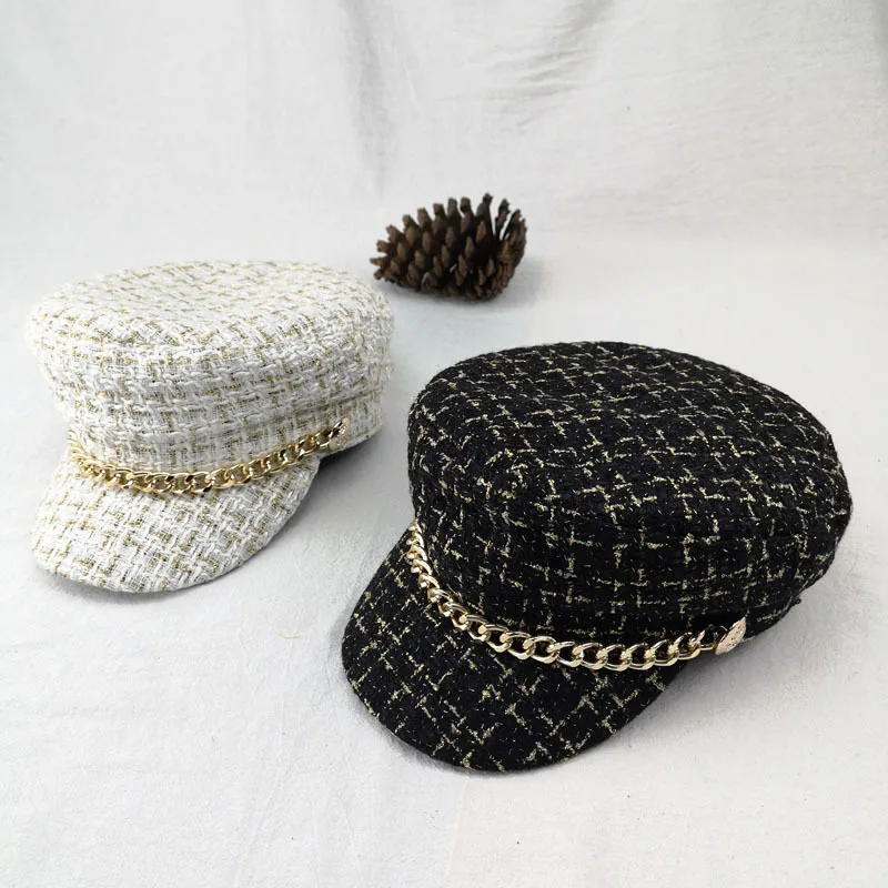 

2019 New women hats Tweed plaid newsboy caps chain flat top visor cap vintage plaid military cap female autumn winter hats