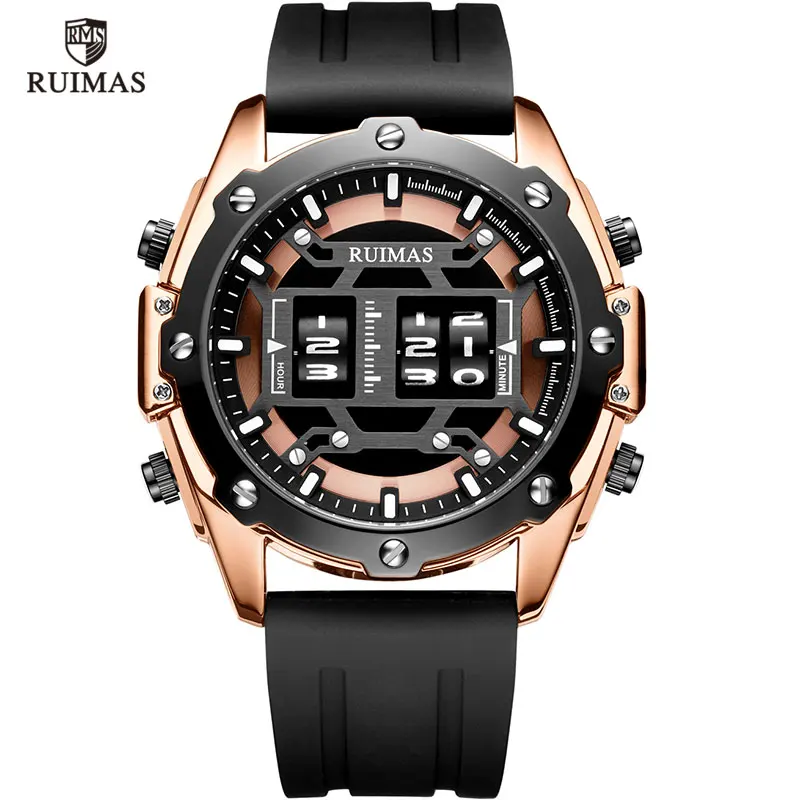 RN553G-Rose Топ Роскошные барабанные роликовые часы для мужчин лучший бренд класса люкс кварцевые цифровые наручные часы мужские Relogio Masculino новые военные часы мужские - Цвет: RN553G-Rose
