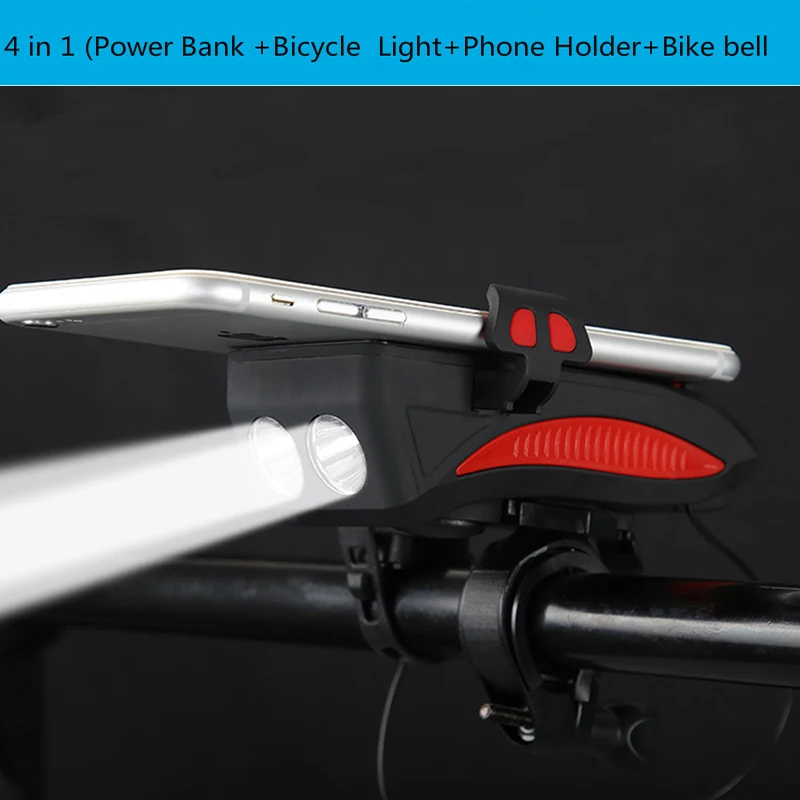 4 in 1 Bicycle Power Bank Flashlight Front Light USB Rechargeable Phone Holder Bell Riding Bike Headlight with Cycling Horn