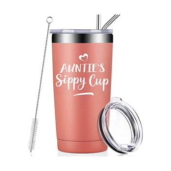 

20oz Stainless Steel Tumbler Straw Brush Travel Wine Mug Custom Auntie's Sippy Cup Insulated Flask Rose Gold Thermos Bottle