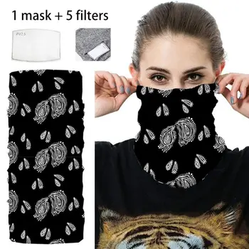 

Neck Gaiter Face Mask Scarf with 5Pcs Replacement PM2.5 Filter Leopard Paisley Tie Dye Print Unisex Sun Protection Windproof Hat