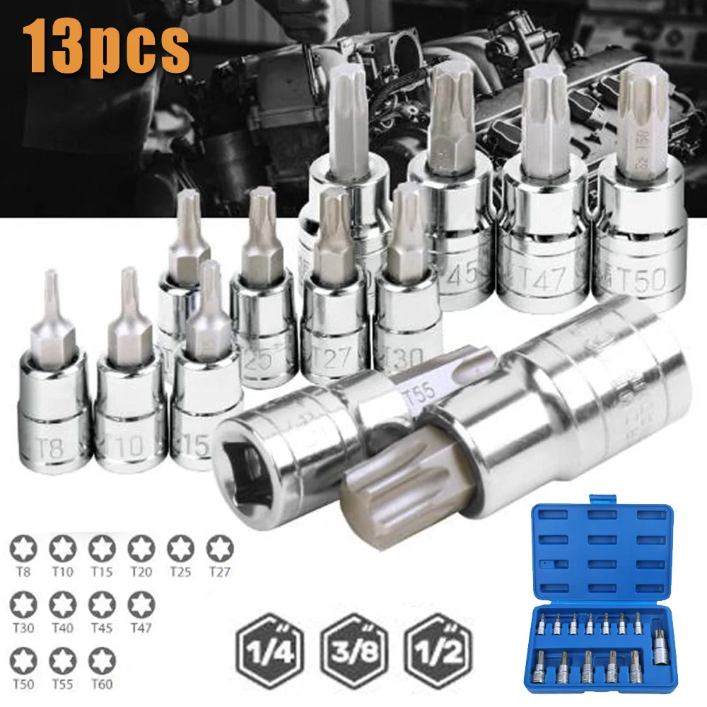 

13Pcs/Set Tamper Proof Torx Star Bit Socket Kit 1/4 3/8 1/2inch Drive With Case 13*Torx Star Bit Sockets+ Storage Case