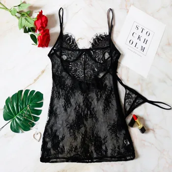 

sleeping dress Nightgowns Women Sexy Lace Black Lingerie Thong Set Sleepwear Night Dress Backless night dress camisola