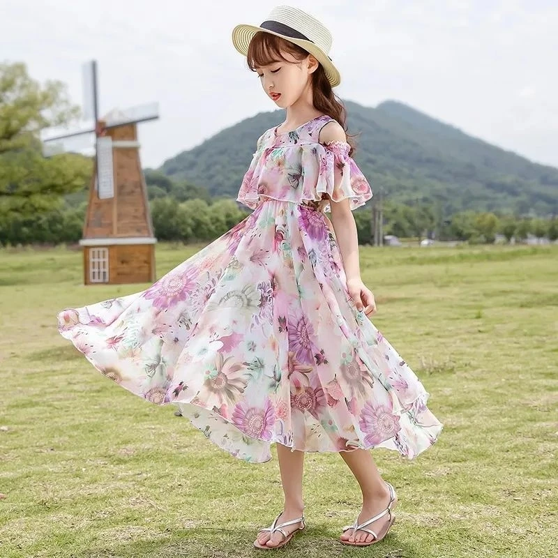 New Girls Dress 2021 Summer Floral Pattern Beach Long Dress For Girl Bohemia Children Dresses Costume Teen 5 6 8 9 10 12 Years boutique baby dresses