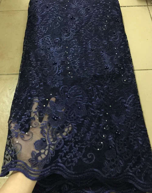 Африканская вышитая бисером кружевная ткань, вышитые нигерийские кружева, ткань, высокое качество, французский тюль, кружевная ткань для женщин темно-синего цвета FSH076