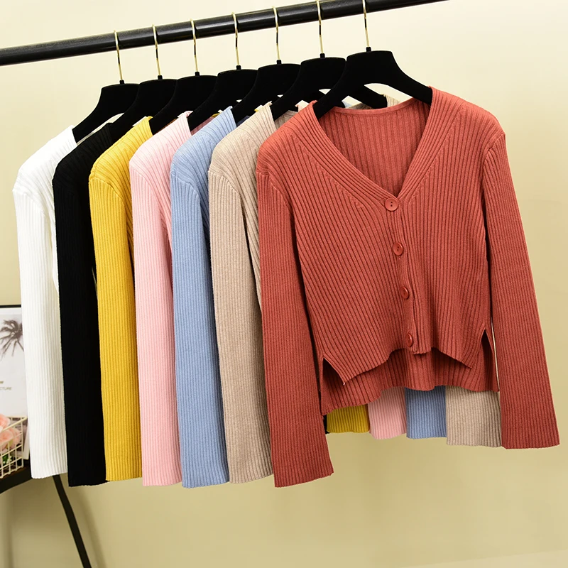 

Fashion Basic V Neck Loose Solid Autumn Winter Knit Cardigan Short Sweater Casual Women Pull Femme Warm Long Sleeve Elegant Top
