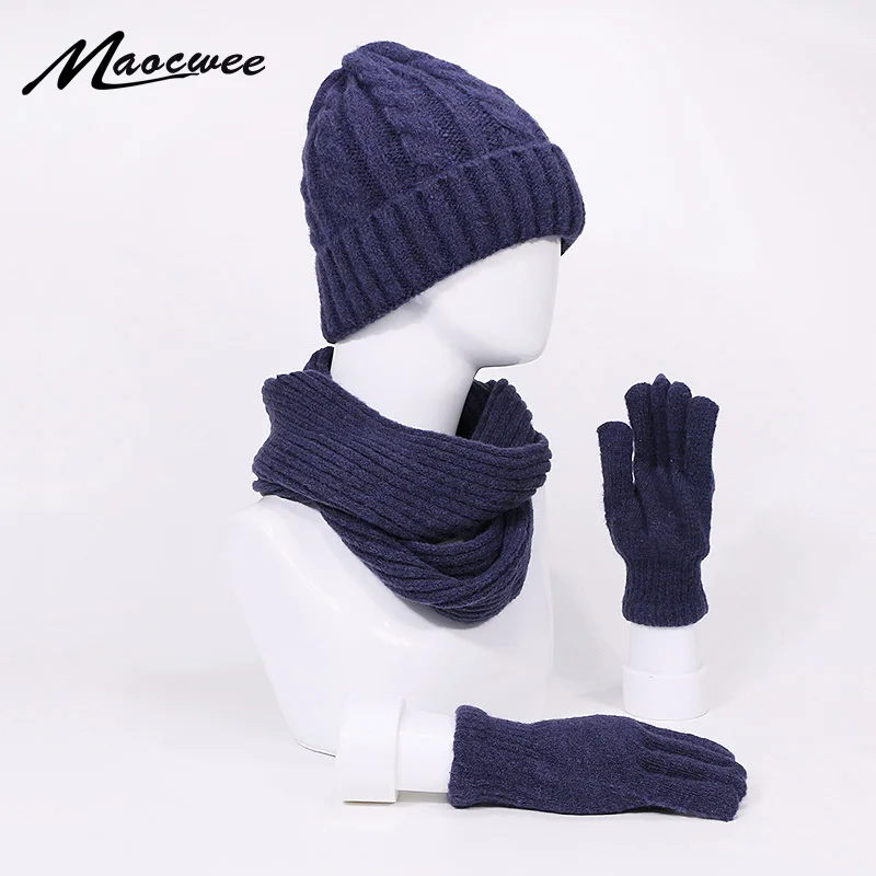 

Winter Warm Hat Scarf Gloves Set Beanies Hats Knitted Thicken Men Women Cap Bib Gloves Suit Unisex 3Pcs New Arrival Skullies