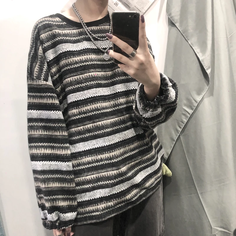 Harajuku/Корейская женская одежда, толстовки с длинными рукавами и пуловеры с круглым вырезом в полоску, повседневный стиль, осенние толстовки, moda feminina