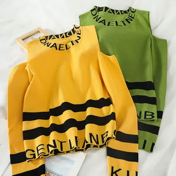 

HELIAR Off Shoulder Knitted Pullovers Women Round Neck Tops 2020 Spring Blouse For Women Fashion Pullover Lettering Blouse Women