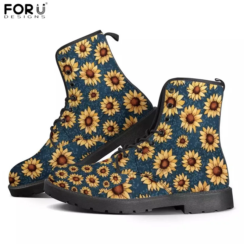 

FORUDESIGNS Casual Women Flats Boots Sunflowers Print Vintage Warm Winter Boots for Youth Girls Lace-up Leather Ankle Boots Girl