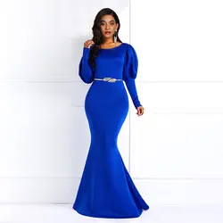 Королевские синие элегантные вечерние платья юбка Русалка больших размеров круглый вырез с длинными рукавами Женская мода Ретро вечерние
