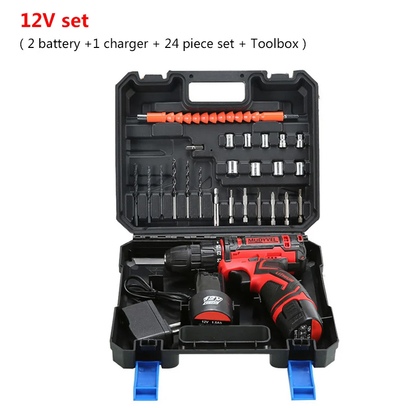 12V set 2 battery Электрическая отвертка аккумуляторная дрель электрическая мини Мощность инструменты Перезаряжаемые Батарея Беспроводной Dremel 3/8-дюймов 2-Скорость - Цвет: 12V set 2 battery