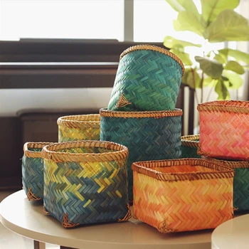 

Bamboo Woven Contrast Color Storage Basket Flowerpot Desktop Organizer Container Food Book Sundries Organizers Decorations