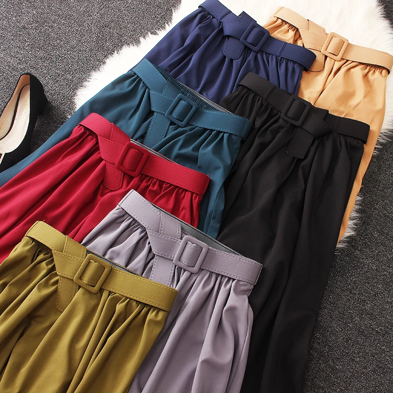 Elegant Summer women Skirt with belt 2020 Classic a word skirt thin solid color High waist retro loose midi | Женская одежда