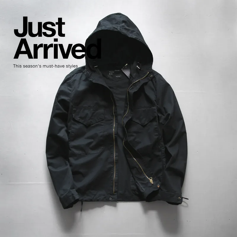 Autumn Winter M65 Zipper Woven Hooded Short Windbreaker Coat Men's Fashion Pure Cotton Washed Old Casual Thin Jacket waterproof windbreaker jacket,casual men jacket